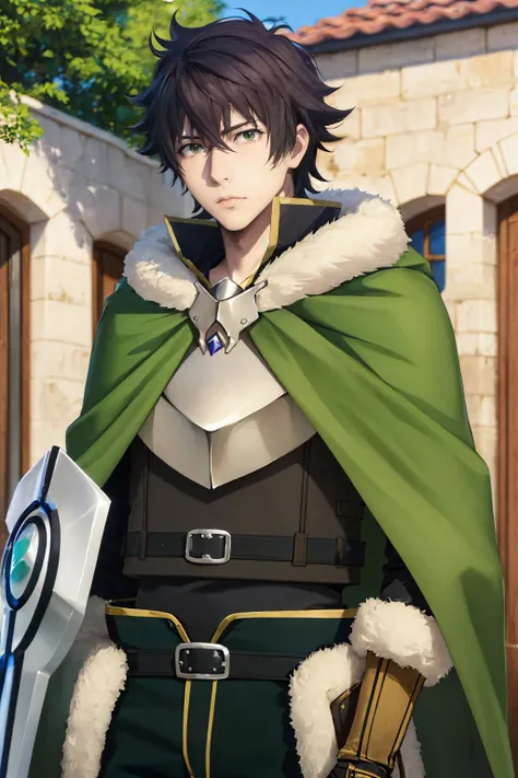 (masterpiece, best quality:1.2), solo, male focus, 1boy, iwatani naofumi, expressionless, looking at viewer, crossed arms, shield, fur trim, armor, green cape, pants <lora:shieldhero_iwatani:0.9>