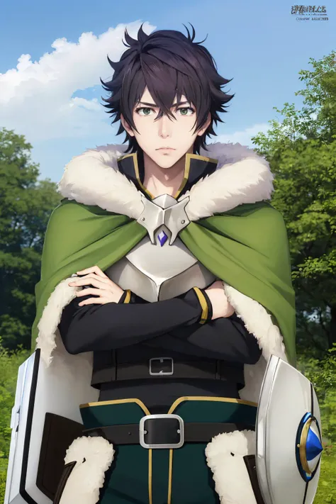(masterpiece, best quality:1.2), solo, male focus, 1boy, iwatani naofumi, expressionless, looking at viewer, crossed arms, shield, fur trim, armor, green cape, pants <lora:shieldhero_iwatani:0.9>