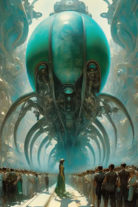 <lora:Stephan Martiniere Style:1>Stephan Martiniere Style - Stunning concept art painting of the ancient machine emerging from the earth to the amazement of the gathered crowd, in the style of stephan martinire and HR Giger painted by Alphonse Mucha and JC Leyendecker dark bronze and light emerald, cobalt blue highlights, muted pallet, color zone painting, denis sarazhin, dark emerald and silver, robotic expressionism, ancient religions, the origins of civilization, epic structures, Breath of the Wild, WLOP, emphasis on detail 8k, 4K, crespecular rays, thick fluid heavy mist filled, atmosphere