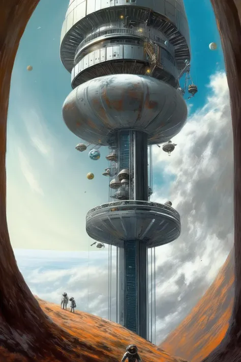 <lora:Stephan Martiniere Style:1>Stephan Martiniere Style - I want to create a painting depicting a space elevator ascending towards outer space. There are numerous astronauts standing below the elevator and some sitting inside. The scene takes place during the daytime. Additionally, there are other mechanical elements like Mars rovers or space stations present in the artwork. I would like the painting to be as realistic as possible, resembling a photograph, and to have a bit of a cyberpunk style.