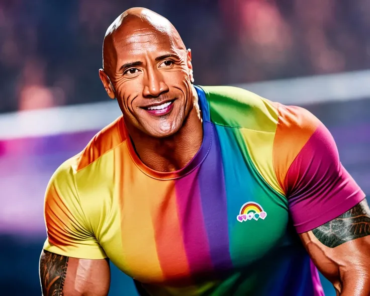 a photo of dwayne the_rock johnson wearing an LGBTQ+ rainbow shirt, realistic, photoreal, 8k, 4k, best quality, professional <lora:the_rock_xl:1>