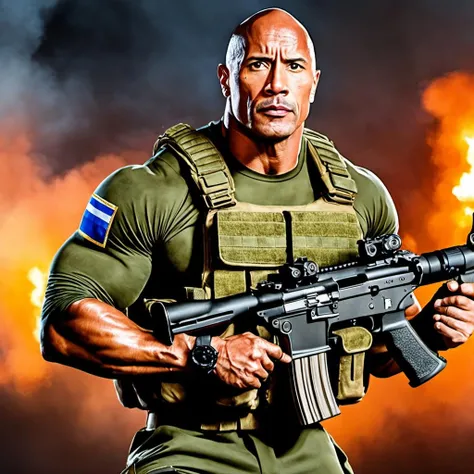 a photo of dwayne the_rock johnson in a Russian combat uniform holding a rifle, soldier, ((raised eyebrow)), realistic, photoreal, 8k, 4k, best quality, professional  <lora:the_rock_xl:1>