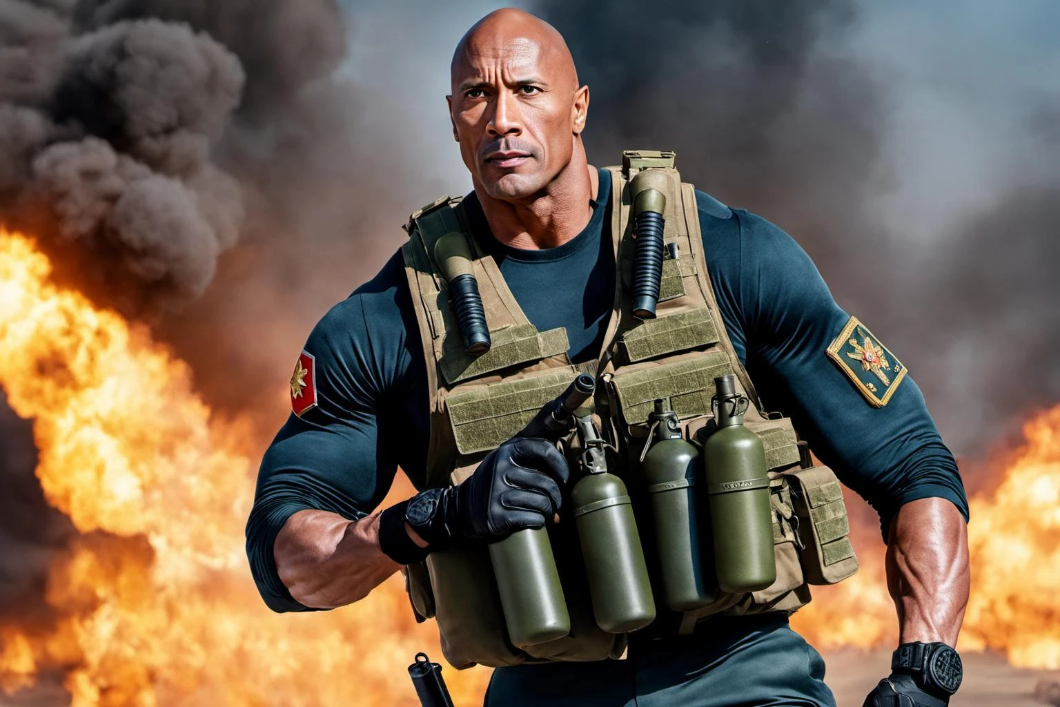 a photo of dwayne the_rock johnson in a Russian combat uniform holding a bunch of grenades, soldier, realistic, photoreal, 8k, 4k, best quality, professional <lora:the_rock_xl:1>