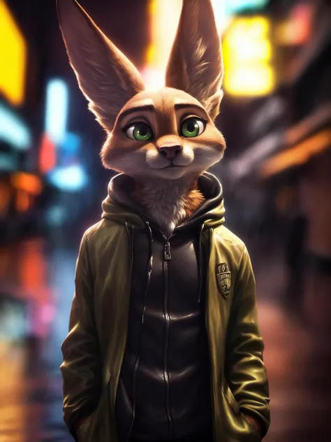 zootopia, a selfie of a (zootopia fennec), 37-year-old, ginger fur coloring, green eyes, wet detailed fur, looking at the viewer, ((standing away from viewer)), elongated face, yellow wet raincoat,
night neon city, rainy environment, foggy, extra detailed background, bokeh, f1.8, 54mm, realistic fluffy fur, intricate details, detailed reflections, (accurate big pupils), ray tracing, extra realistic lighting, film noise, analog photo, (high detailed skin:1.2), 8k, uhd, dslr, soft lighting, high quality, film grain, insane textures, detailed background, photorealistic