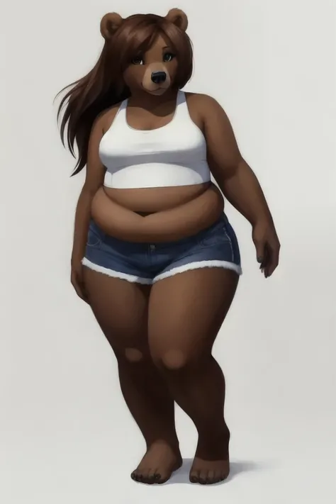 anthro brown bear, female, adult+, chubby, small breasts, long brown hair, shorts, crop top, barefoot, full body, solo, empty background, white background,
