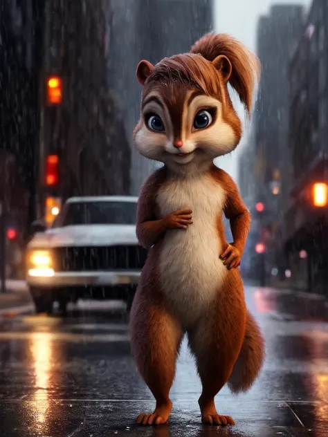 full body portrait, Brittany Miller, CGI, Squirrel, chipmunk legs, short legs, short arms, semi-feral, female, holding hips, ponytail hairstyle, paws, sexy, seductive, cute, adorable, flirting, very fluffy, fur tufts, BREAK, 8k, hi res, (photorealism:1.2), evening, downtown, standing beside a car, sidewalk, wet, raining, realistic, <lora:BrittanyCGI:0.8>