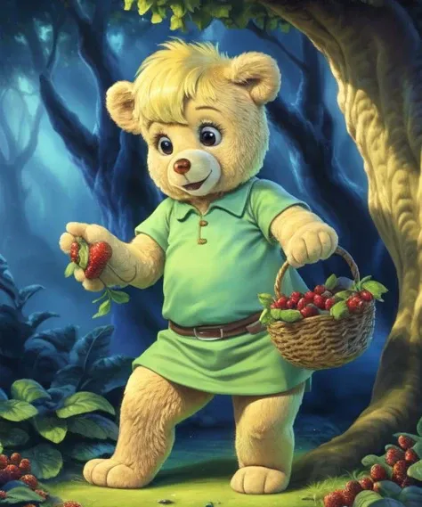 solo, photorealism, full body, sunni_gummi, gummi_bears, bear, teddy bear, (yellow fur:1.5), ((yellow hair, head tuft)), plushie, Female, 3 years old, age regression, cub, dress, belt, green_clothing, (full body1.2), (bottomless), eyelashes, eyeshadow, holding basket of berries, short legs, fluffy cheeks, (fluffy_paws1.2), (animal_paws), (fur:1.3), happy, excited, (looking down), BREAK, 8k, hi res, masterpiece, best quality, realistic, will-o'-the-wisp, majestic magic forest, glowing mushrooms, by thomas kinkade, <lora:SunniGummi:0.60>, <lora:TeddyBear:0.7>