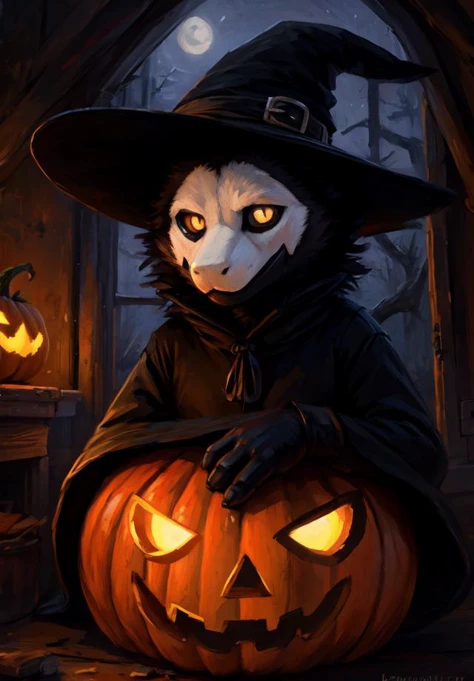 uploaded on e621, by kenket, by spectrumshift, by nommz, oil painting \(artwork\), solo, male, puro_(changed), mask, white eyes, white pupils, witch hat, witch outfit, bedroom eyes, seductive, halloween, jack-o'-lantern, gothic, detailed background, night, <lora:PuroFRL27nO:1>