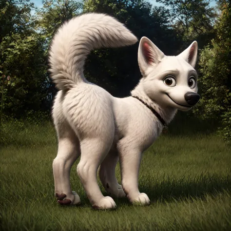 Bolt,<lora:bolt_adamw__:0.8> ,((feral:1.2)),((full body view:1.2)),((side view:1.2)),((tail raised:1.2)),((body in frame:1.2)),((bushy tail:1.2)),erect ears,brown eyes,((looking at viewer,:1.2)),smiling,((white fur:1.5)),((paw pads:1.2)),((standing on grass:1.2)),((presenting hindquarters:1.2)),
BREAK,
close-up RAW photo, detailed textures, sharp focus, ultra-high pixel detail, intricate, realistic, movie scene, cinematic, high-quality, full colors, incredibly detailed, 4k, 8k, 16k, hyper-realistic, RAW photo, masterpiece, ultra-detailed, professionally color graded, professional photography,photorealism,