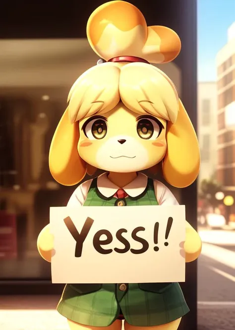 (by Azuma Minatsu, by Youki029, by Hinata Sakamoto, animal crossing),
solo chibi (isabelle \(animal crossing\):1.25),
(green pattern suit, green dress, round eyes, glistening eyes), (holding sign, "YES":1.5),
(standing, half-length portrait, front view, looking at viewer:1.25),
BREAK,
(storefront, city, plant, day:1.25),
(detailed background, depth of field, shadow, sunlight, ambient silhouette, backlighting),
masterpiece, best quality, ultra realistic, 4k, 2k, (high detail:1.25),
(3d \(artwork\):1.2), blender \(software\), soft focus,
ray tracing, (unreal engine:1.3), absurd res