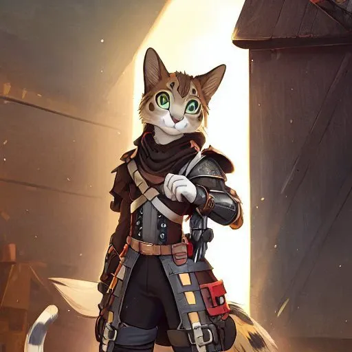 workbench on background, solo, man, antro, antro cat, the muzzle is feline, the coat is white, jaguar spots on the head and body, green eyes, a leather breastplate, baggy trousers, a bag and a short sword are attached to the belt, an alchemist's bandolier with black stripes on the chest is over the left shoulder, weapon light crossbow, antro cat legs, full body, FANTASY, WERECREATURE, fking_scifi_v2, alchemist's, leather armor, ultra realistic, concept art, intricate details, highly detailed, photorealistic, octane render, 8k, unreal engine, sharp focus, volumetric lighting unreal engine. art by artgerm and alphonse mucha