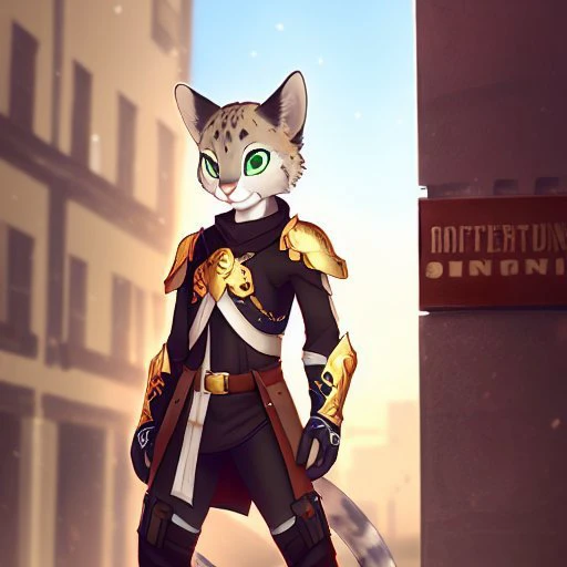 workbench on background, solo, male, man, antro, antro cat, white fur, the muzzle is feline, the coat is white, jaguar spots on the head and body, green eyes, a leather breastplate, baggy trousers, a bag and a short sword are attached to the belt, an alchemist's bandolier with black stripes on the chest is over the left shoulder, weapon light crossbow, antro cat legs, full body, FANTASY, WERECREATURE, fking_scifi_v2, alchemist's, leather armor, ultra realistic, concept art, intricate details, highly detailed, photorealistic, octane render, 8k, unreal engine, sharp focus, volumetric lighting unreal engine. art by artgerm and alphonse mucha