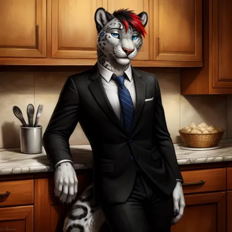 snow leopard, male, lean, ((black fur), red highlights), masterpiece, HQ, 16k, blue eyes, detailed fur, detailed eyes, detailed background, leaning on counter, kitchen, tail, [by truegrave9|by virtyalfobo], suit and tie