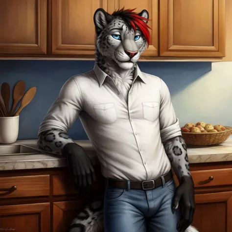 snow leopard, male, lean, ((black fur), red highlights), masterpiece, HQ, 16k, blue eyes, detailed fur, detailed eyes, detailed background, leaning on counter, kitchen, tail, [by truegrave9|by virtyalfobo], jeans, dress shirt