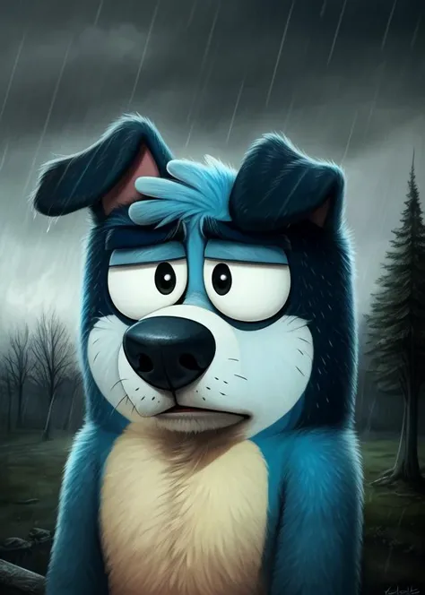 [:by Klongi, by Chikiota, by Totesfleisch8:0.35],
(toony, bluey \(series\), blue body, dog ear,:1.25),
head down, half-length portrait, tan countershading,
BREAK,
storm, raining, house, tree, abandoned building,
depressing, bleak ambiance, depression, dark sky,
masterpiece, best quality, 4k, 2k, (high detail:1.25), absurd res