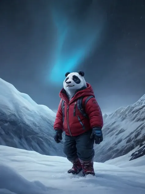anthro humanoid male giant panda, wearing jacket, pants, hiking boots, hiking gloves, hiking on snow mountain, looking up, snow storm, cute, attractive, highly detailed, intricate, sharp focus, beautiful, dramatic cinematic, ambient light, epic composition, elegant, very inspirational, stunning, creative, fine detail, color, shiny, glowing, rich deep, BREAK, in the midst of a vast, snow-capped landscape, a majestic panda dressed in a bright red jacket, hiking boots, hiking boots, and a pair of hiking boots walks along the snow-covered mountain. The scene is filled with a wavy, ethereal glow that illuminates the darkness of the night sky. The panda's fur is a deep, deep blue, and its eyes are a piercing blue. The scene is alive with energy and movement, a testament to the power of imagination and the beauty of the natural world.
