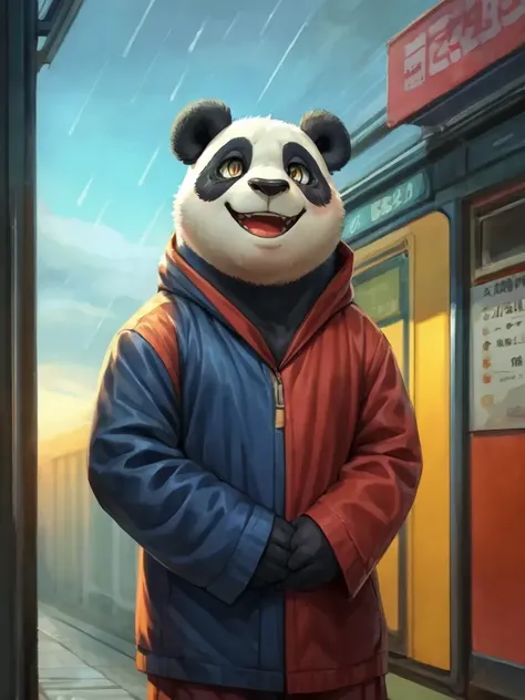 masterpiece, best quality, perfect anatomy, bright eyes, watery eyes, by t.y.stars, by null-ghost, by k0bit0wani, furry, (panda:1.1), (black ears:1.1), (felis:0.3), male, solo, baggy clothing, open smile, gentle, looking at viewer, train station, rain, (waterdrop:0.9), grey sky, raining, (fog:0.4), detailed background, BREAK, the canvas is filled with a mesmerizing masterpiece, a kaleidoscope of colors, including a stunning blue sky, a fiery red sunset, and a deep blue tequila. The painting is a fusion of nature, a kaleidoscope of colors, and a k0bit0wani, whose feathers are a mix of shades of orange and yellow. Its eyes sparkle with a mischievous glint, and its piercing eyes seem to glow with an otherworldly light. The background is a blur of colors, with a faint mist emanating from the tequila, and the train chugs along with the tequila's signature anthem. The image is surrounded by a kaleidoscope of colors, with a deep blue sky and a faint mist emanating from the tequila's mouth. The entire scene is a kaleidoscope of colors, with a faint mist emanating from the tequila, and the train chugs along with the tequila's signature anthem.