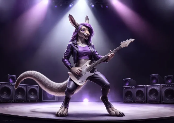 Female, {Anthro, digitigrade, Kangaroo, large Tail}, grey fur, excited, Purple sunglasses, Long Purple Hair, Wearing a Studded Purple Leather Jacket and shirt purple leather pants, Black Leather Boots, Purple Shirt, Playing a burning electric Guitar, Concert Stage with lights speakers, audience , indoor stadium, audio equipment, cables wires on the ground, BREAK (masterpiece, best quality, ultra realistic, 4k, 2k, (intricate:0.9), (high detail:1.4), {1$$sharp focus|soft focus}, photorealistic, analog style, subsurface scattering, photorealism, absurd res)