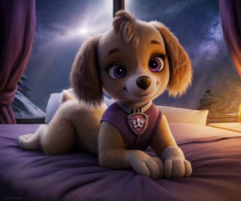 RAW photo, solo, skyepawpatrol, cockapoo, wearing nothing, deep purple eyes, pawstyle, <lora:pawstylefinal:0.7>, <lora:Skye_PawPatrol:0.9>, female, full body portrait, (hybrid:1.2), short legs, sexy, seductive, pretty, cute, adorable, flirting, very fluffy, fur tufts, BREAK, 8k, hi res, (photorealism:1.2), twilight, nightime, laying on side seductively on an exotic bed, magic, sparkles, [window], realistic,