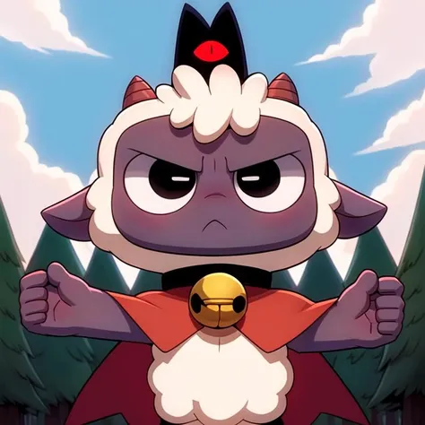 (best quality, high quality:1), <lora:fluffyrock-quality-tags-v4:1>, cult of the lamb, sheep, male, cute, anthro, short, white fur, fluffy, small horns, angry face, closed mouth,
looking at viewer, black eyes, clothes, red cape, black collar with bell, black crown with red eye,
sky, clouds, spruce, forest background, safe, <lora:Lamb_CultOfTheLamb_v1.1:0.7>