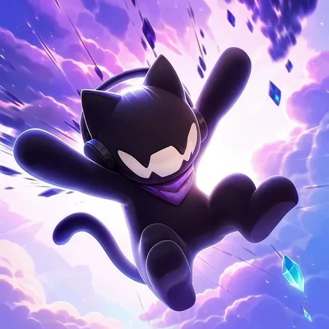 (best quality, high quality:1), <lora:fluffyrock-quality-tags-v4:1>, monstercat, black cat, short, black headphones, purple bandana, black tail, smile, anthro, flying, 
crystals, sky, purple and blue clouds, background ,  <lora:Monstercat_LoRA_v1.0:0.75>