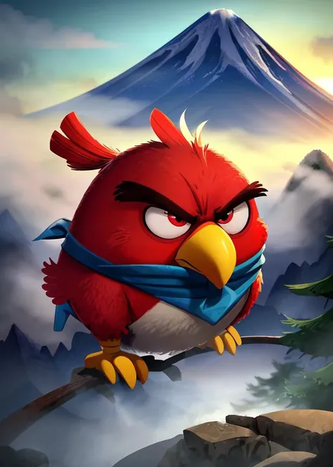 ([by Brooke Shaden, by Art of Brom:by Laurie Greasley, by Alessandro Gottardo, by Arthur Dove, by Franz Kline:0.5]),
solo (((feral chibi red \(angry birds\)), red body, red eyes, yellow beak, bird)),
(front view, looking away:1.3), (blue scarf:1.25),
BREAK,
(ukiyo-e Mount Fuji, japanese building:1.3), (sky, forest, water, cloud, fog, plant),
(detailed background, depth of field, shadow, sunlight, ambient light on the body, backlighting),
masterpiece, best quality, 4k, 2k, (intricate:0.9), (high detail, toony, unreal engine:1.25), absurd res