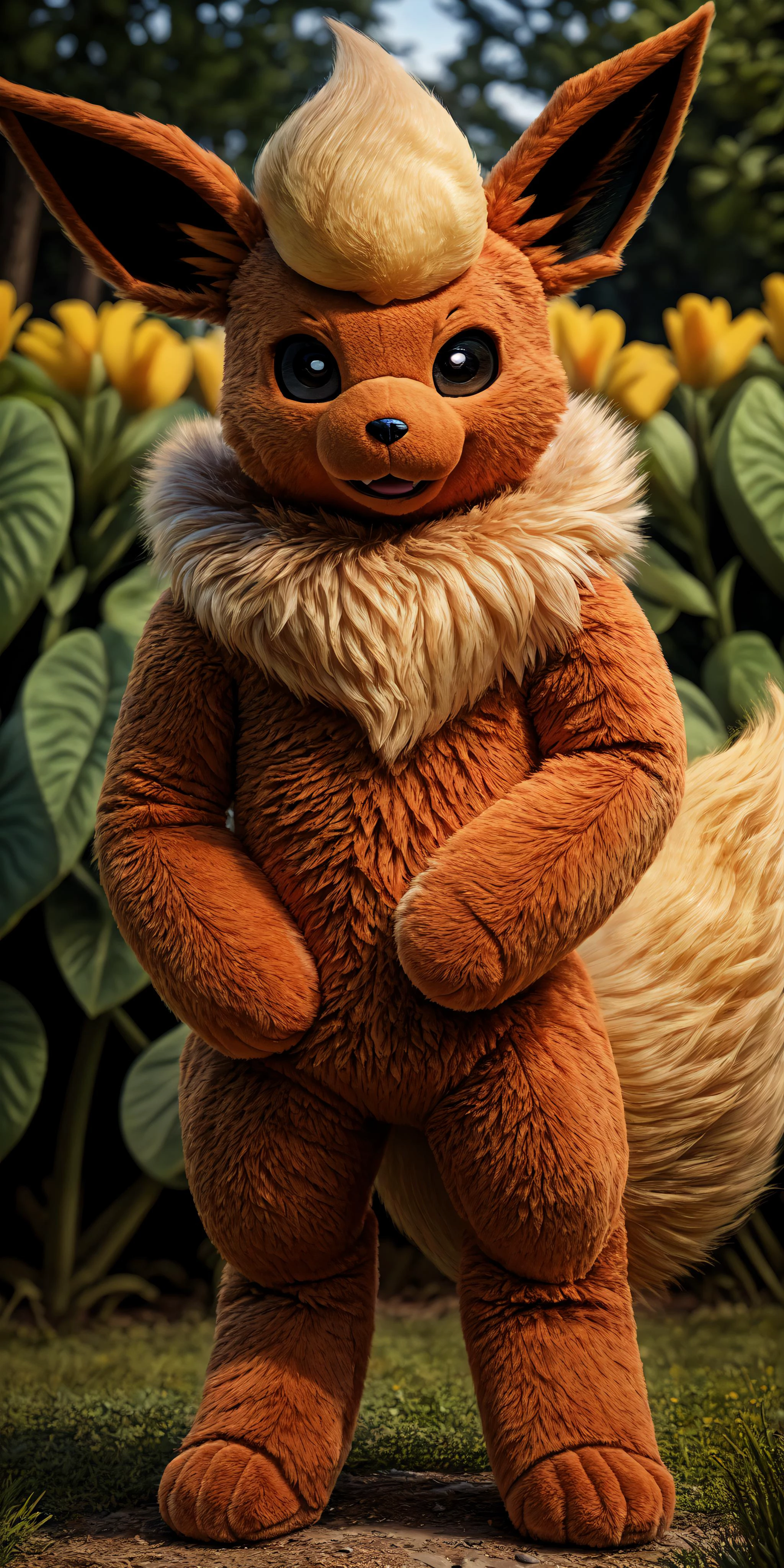 solo,((flareon:1.2)),((human in fursuit:1.2)), smile,((front view:1.2)), spread legs, <lora:TeddyBear:0.5>, uploaded on e621,((black eyes:1.2)),happy,looking at viewer,standing on grass in forest,flowers,((full body:1.5)),((hort fur:1.5)),digitigrade legs,((anthro:1.2)),((wide angle)),in frame,smiling with open mouth,
BREAK,
close-up RAW photo, detailed textures, sharp focus, ultra-high pixel detail, intricate, realistic, movie scene, cinematic, high-quality, full colors, incredibly detailed, 4k, 8k, 16k, hyper-realistic, RAW photo, masterpiece, ultra-detailed, professionally color graded, professional photography
