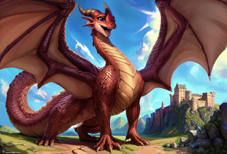 (((large female, large girl, ))), all_fours , (furry art, uploaded on e621, horns), snake scales, dragon scales, ((tall, thick, open mouth )),   ((((feral dragon)))) | (big eyes dragon) , solo, ((skin: skin)), ( makeup), (sharp teeth), , (smile) , ((castle background, )), (shaded), (masterpiece), ((absurdres)) , ( highres, high details ) , (detailed face) ,backlighting, crepuscular ray, natural lighting, realistic proportions, (cute eyes), [detailed ambient light], (depth of field), [explicit content], [sharp focus], (( natural lighting)),  (skin:intricate details:1.1), (freckled skin:1.1), 