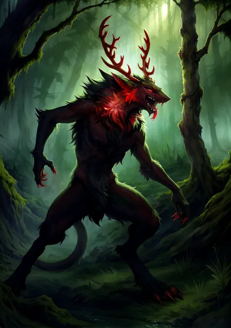 <lora:wendigo_v10 (wendigo, bloody):0.6>, <lora:sergals_v.1-000001:0.6>,
(solo:1.4), anthro, furry, male, sergal:wendigo, antlers, teeth, glowing red eyes, fangs, tongue, fluffy, fighting pose, forest background, moss, ((masterpiece, lush detail, cinematic lighting, glowing, epic):1.0), digital sketch, vibrant, gloomy, dynamic light, ((by pino daeni, by hioshiru):1.0)