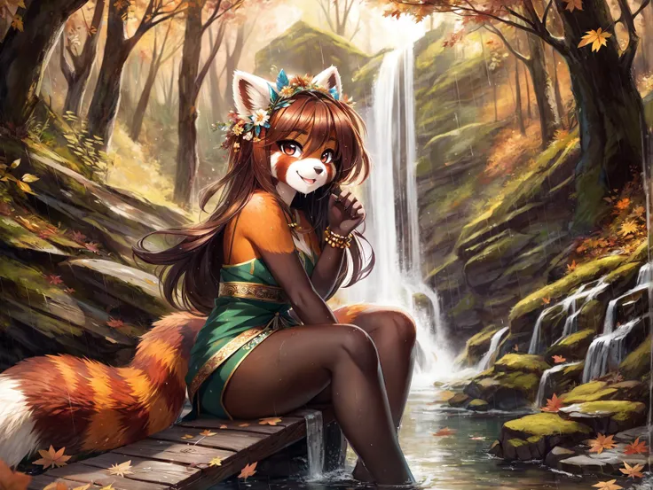 (tsampikos), red panda girl with detailed fur, floral headdress, sitting on a wooden bridge in a forest near a waterfall, raining, dripping wet, autumn leaves, looking at viewer, detailed eyes, happy, good anatomy, long hair, best quality, uploaded to e621, (extremely detailed), cinematic lighting, depth of field,
