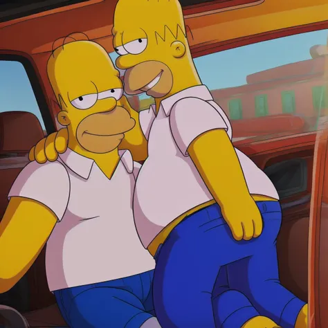 (fat Homer Simpson:1.2) (smiling:1.1) (in a car taking selfie),(white t-shirt:1.2),(blue jeans:1.2),(Marge Simpson back view, on Homer Simpson), (she wants to order), high quality,high resolution,detailed,<lora:add_detail:0.4>,(style of The Simpsons),(looking at viewer),(car interior),(yellow skin:1.3),(masterpiece, 8k),<lora:homer simpson_v4.0_:1>,<lora:ThickerLines_RM-128_v1:1.2>,(black eyes),
