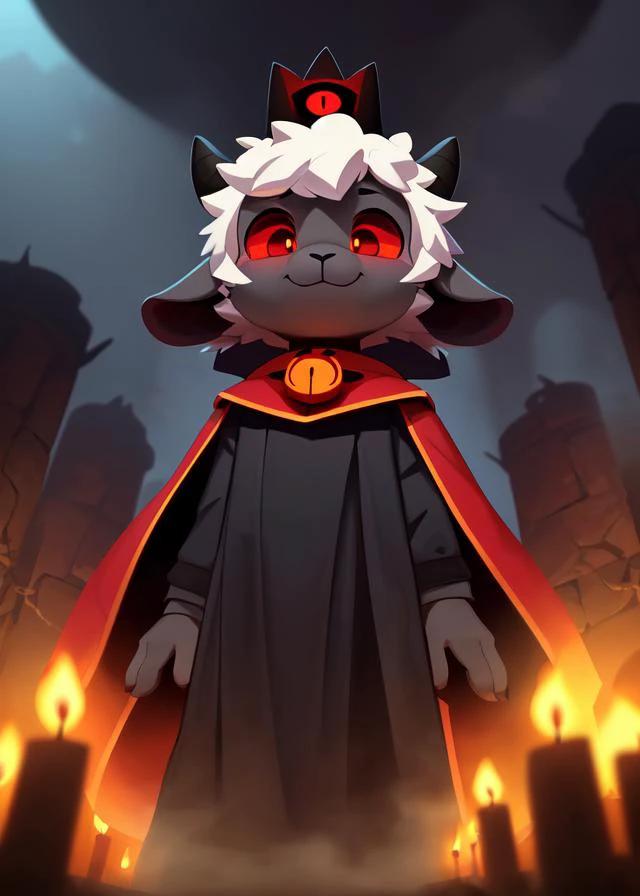 Furry shota, Lamb, "Cult of the lamb", red eyes, black body fur, black nose, small horns, white hair, spiky hairstyle, short hair, full body, detailed body fur, detailed body, detailed eyes, glistering body, shiny body, gorgeous body, masterpiece, feets whit three toes, ((crown, red cloak)), red magic aura, red magic power,