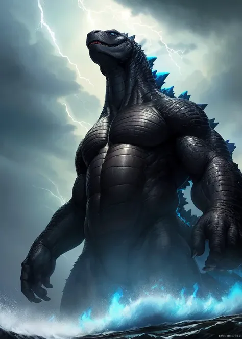 uploaded on e621, ((by Null-Ghost, by Snowskau, by Spectrumshift, by Wildering)), solo (bulky muscular) (((godzilla))) with ((gray black body)) and ((glowingblue eyes)), ((dutch angle, looking away, macro, low-angle view, front view)), BREAK, (standing in huge waves sea, heavy raining night, thunderstorm, blue fire:1.2), (fog, mist:1.35), (detailed background, depth of field, silhouette, shadow, sunlight), (masterpiece, best quality, ultra realistic, 4k, 2k, (intricate:1.2), (high detail:1.4), film photography, (sharp focus), RAW photo, photorealistic, analog style, subsurface scattering, photorealism, absurd res)