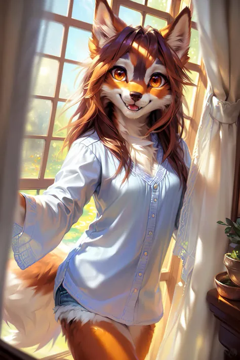 ((solo)), by Pino Daeni, by Ruan Jia, by Shiitakemeshi, by Alayna Lemmer, by Carlo Galli Bibiena, medium close-up of an adorable ((female anthro furry wolf-collie )) ,morning, living room, (big window, reflection, pull curtains:1.2), sunshine, she is wearing cotton shirts, jeans underwear, (((happy, detailed face, detailed big amber eyes , detailed hair, (fluffy))), (magical vibe), tuft ), insane details, 8k, unreal engine, warm soft volumetric light, masterpiece , blurred background, cinematic composition.(detailed Chunie lighting), (detailed fur), (((crepuscular ray))), <lora:epiNoiseoffset_v2:1>, <lora:add_detail:0.3>