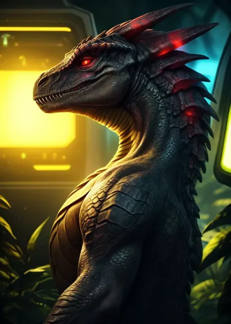 (jurassic world, jurassic park, ghost in the shell),
solo (feral ebony odogaron, scales, red sclera, smile:1.25),
(standing, side view, bioluminescence, half-length portrait:1.3),
(detailed background, depth of field, shadow, ambient silhouette, backlighting),
BREAK,
(science fiction, scientific experiment, yellow light:1.3), [jungle, plant, night, light],
masterpiece, best quality, ultra realistic, 4k, 2k, (high detail:1.25),
film photography, soft focus, RAW photo, photorealistic,
analog style, subsurface scattering, photorealism, absurd res