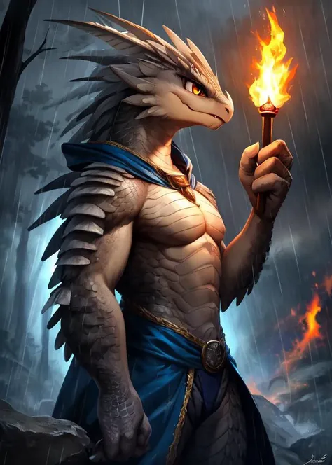 [by Fireflufferz, by Jorge Jacinto, by Cory Loftis::0.85],
solo (((kushala daora))) (blue cloak, scales),
(standing, three-quarter view, three-quarter portrait:1.2),
BREAK,
(forest, rain, storm:1.25), (cloudy day, smoke, fire, torch),
masterpiece, best quality, 4k, 2k, (intricate:0.9), (high detail, realistic:1.25), absurd res