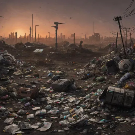 sci-fi, wasteland, trash pile, dusk, wind blowing paper with headline 404,