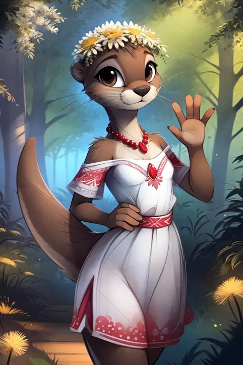 uploaded on e621,
by siroc, (by b-epon:1.2), by twiren, (by trigaroo:0.4),
(front view, three-quarter portrait:1.1) ,
(1girl solo), (tall gray otter mammal female:1.2), (countershade skin, countershading), (otter tail, raised tail:1.5), brown eyes, shy, smile, (beautiful whiskers),
(hairless, bald), (beautiful yellow dandelion wreath on head:1.1), (ruby|rowan neckbeads),
(hand on waist, waving hello:1.2),
(whiteslavic, slavic:1.3), (red pattern dress, white gown with red patterns, detailed dress:1.2),
beautiful birch forest, tiny mushrooms, birds, fireflies, wonderful late spring day, detailed foilage,
detailed background, flat perspective, 4k, soft focus, ray tracing, digital sketch, vector art, masterpiece, best quality, (ultra detail, shaded:1.25), extremely beautiful
<lora:Besedin-WhiteSlavic:1>