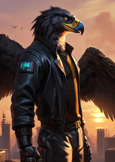 uploaded on e621, ((by Tzarvolver, by Killioma, by Zephyxus, by Chunie)),
solo [muscular] ((eagle)) with ((black grey body)) and ((yellow beak)) and ((black wings)) and ((clear yellow eyes)),
(detailed fluffy fur), (detailed feather),
((looking at viewer, half-length portrait, three-quarter view)), ((wear mechanical black jacket)),
BREAK
((standing at cyberpunk factory with mechanical tower on sunset)),
(detailed background, depth of field, half body shadow, sunlight, ambient light on the body),
film photography, ray tracing, (intricate:1.15), (high detail:1.35), (soft focus), [explicit content, questionable content], (masterpiece, best quality, 4k, 2k, shaded, absurd res)