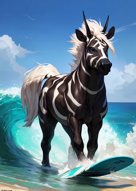 uploaded on e621, ((by Raptoral, by Mystikfox61, by Taran Fiddler, by Bonifasko)),
solo male (quadruped feral:1.35) ((zebstrika)) with ((black body)) and (white pony tail, white hair with braid) and ((clear blue eyes)), ((three-quarter portrait)),
BREAK
((surfing in rough wave with blue sky and cloud)), (beach, ocean:1.25),
(detailed background, depth of field, half body shadow, sunlight, ambient light on the body),
(intricate:0.7), (high detail:1.2), (unreal engine:1.3), (sharp focus:1.15),
[explicit content, questionable content], (masterpiece, best quality, 4k, 2k, shaded, absurd res)
