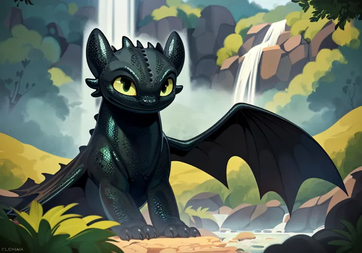 uploaded on e621, ((by Cleon Peterson, by Sonia Delaunay, by Tomer Hanuka, by Dagasi)),
solo (quadruped feral:1.35) (((toothless), black body, black claws, membranous wings, clear yellow green eyes)),
((detailed glistening scales)), (looking at viewer, three-quarter portrait:1.2),
BREAK
((mist mountain with plant and waterfall)), (fog, mist),
(detailed background, depth of field, half body shadow, sunlight, ambient light on the body),
(masterpiece, best quality, ultra realistic, 4k, 2k, (intricate:0.9), (high detail:1.3), soft focus, absurd res)