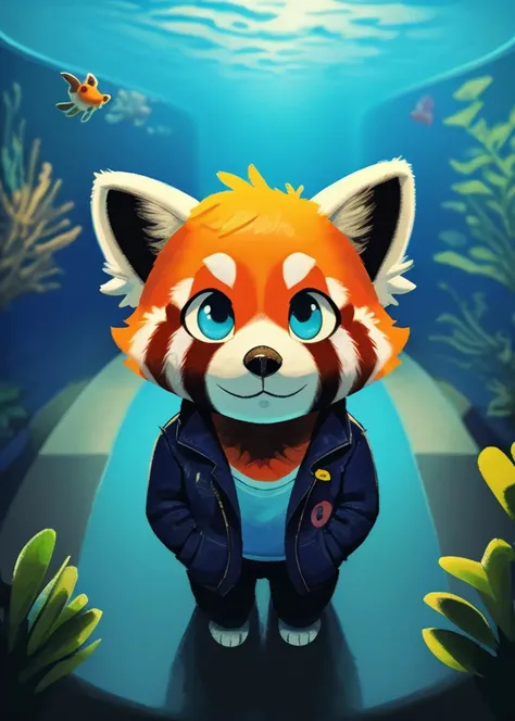 (by Velveteksotica, by Pipilotti Rist), chibi feral (red panda:1.3), jacket, pants, curious, (bust portrait, looking up, head up, high-angle view, bird's-eye view:1.2), detailed background, depth of field, ambient silhouette, BREAK, (museum, aquarium, corridor:1.25), water, plant, (blue light, yellow light, spotlight), masterpiece, best quality, light, 4k, 2k, photography