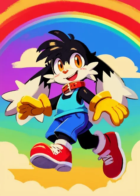 (by Velveteksotica, by Pipilotti Rist), (toony klonoa:1.25), black body, orange eyes, (blue clothing, red collar), red shoes, yellow glove, running, looking at viewer, three-quarter view, BREAK, rainbow, cloud scape, plant, star-shaped background, colorful, masterpiece, best quality, light, 4k, 2k, photography