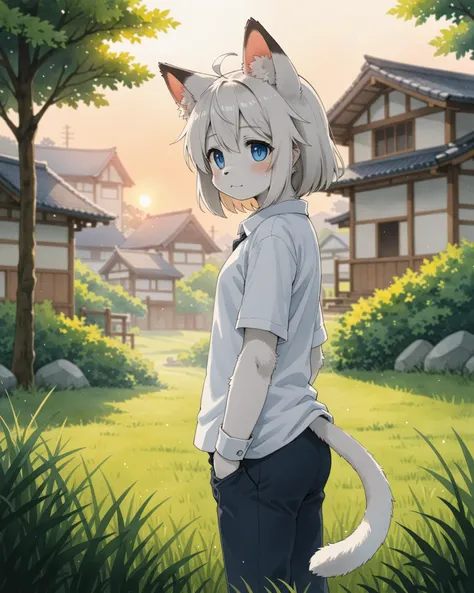 kemono, white fur, white shirt, pants, cat ears, standing, blue eyes, BREAK, watercolor \(artwork\), by Hasui Kawase, detailed background, detailed foreground, depth of field, ambient silhouette, backlighting, blurred background, white background, sky, grass, plant