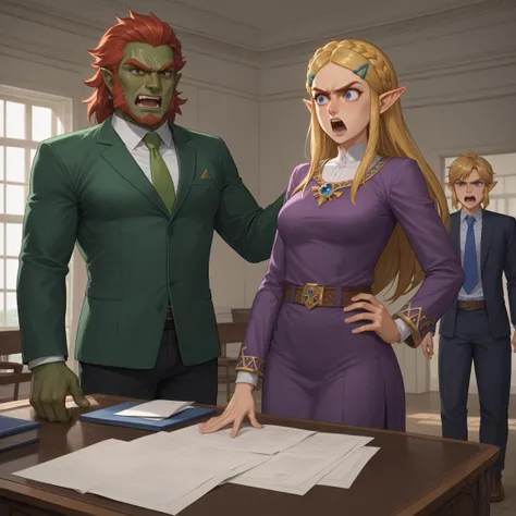 score_9, score_8_up, score_7_up, score_6_up, 1girl, 2boys, resolute_desk, oval_office, (arguing, shouting:1.25) pointing, princess zelda, purple dress, medium breasts, paperwork, ganondorf, black business suit, talking, hand on hip, green skin, link \(the legend of zelda\), green tunic,  very clear image, detailed face, detailed character design, ultra-high resolution, perfectly composed, clear, breathtaking attention to detail, highres, ultra detail, 8k wallpaper,