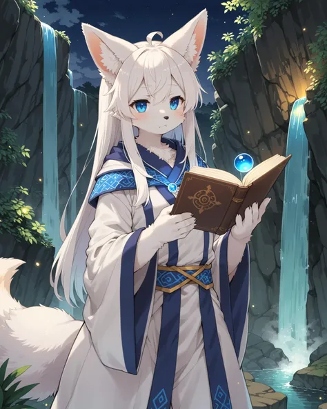 kemono white fur, white hair, fantasy white wizard robe, fox ears, standing, blue eyes, half-length portrait, holding magic book, BREAK, by Hasui Kawase, by Atode Kimeru, fantasy, dusk, cliff, waterfall, ambient firefly, plant