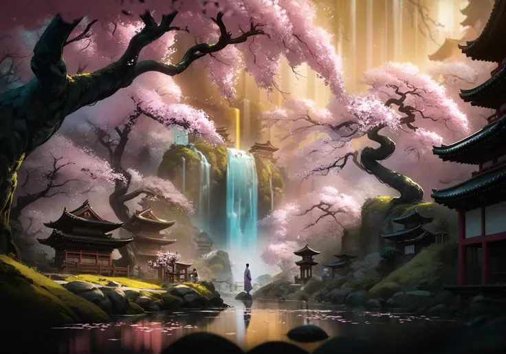 <lora:Z1-Ori-ArtStyle:0.7>, by Jeffrey Catherine Jones, by Jeremy Mann, unreal engine, detailed background, detailed foreground, depth of field, ambient silhouette, backlighting, pink spirit tree, cherry blossom, japaness town, waterfall, plant, golden light