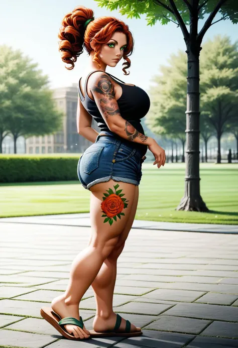 solo, sexy chubby curvy middle aged european redhead futanari, in park, model pose, green eyes, curly ponytail, full view from side, denim shorts, black tanktop, roman sandals, big boobs, arm tattoos, leg tattoos