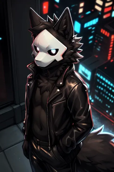 (puro), furry, male, solo, fur, furry body, lidded eyes, cyberpunk city background, black penis, (hyper penis), detailed penis
