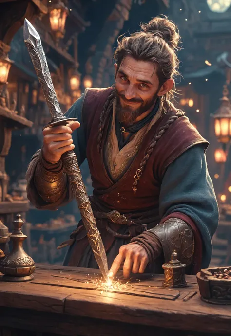 Close-up view of a jovial, human smith merchant standing behind a small wooden counter, leaning forward to present a unique magical sword directly to the viewer. The face fills a third of the frame, with twinkling eyes, a bushy, braided beard. His hands, rough and calloused, cradle a large, extraordinary dragon egg at chest level. Intricate, swirling patterns and glowing runes are etched into its surface. The counter is cluttered with a few magical trinkets, such as potion bottles and small crystals. a blurred fantasy marketplace is visible, with colorful awnings and other vendors. Soft, warm lighting highlights the sword and the man excited expression. Magical sparkles float around the sword. Hyper-detailed, fantasy art style, rich and warm color palette, 8k resolution, first-person perspective. <lora:MJ52:0.35>